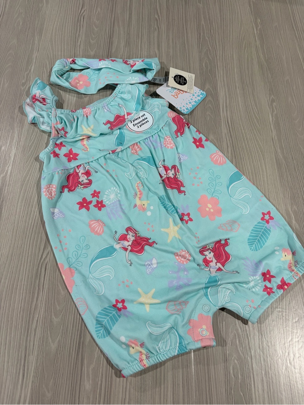 7/$20 Disney The Little Mermaid Aqua Sleeveless Romper with Headband NWT